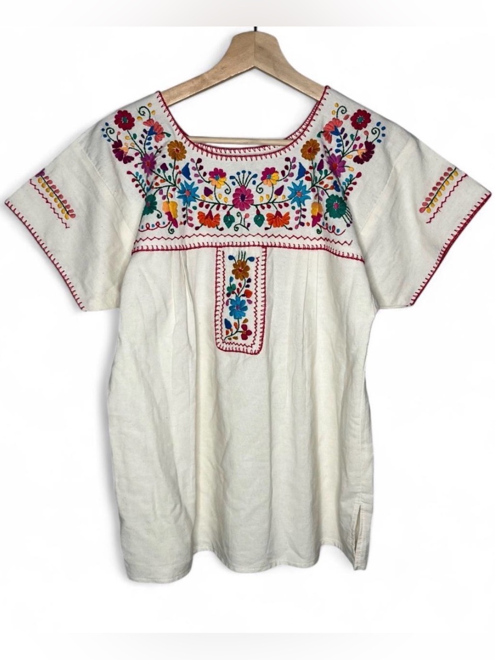 Colorful Florals Mexican Embroidered Short Sleeve Peasant Blouse Boho